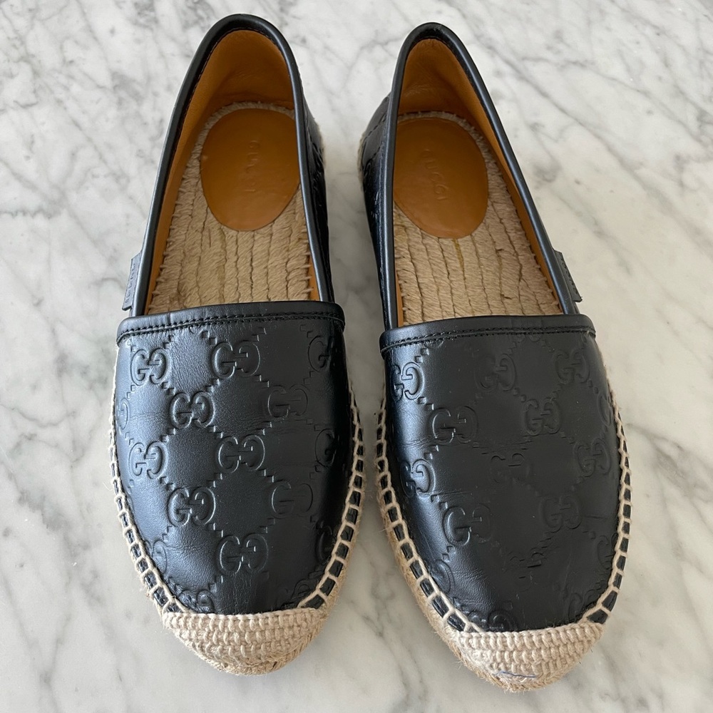 Black leather Gucci espadrilles. Size 36